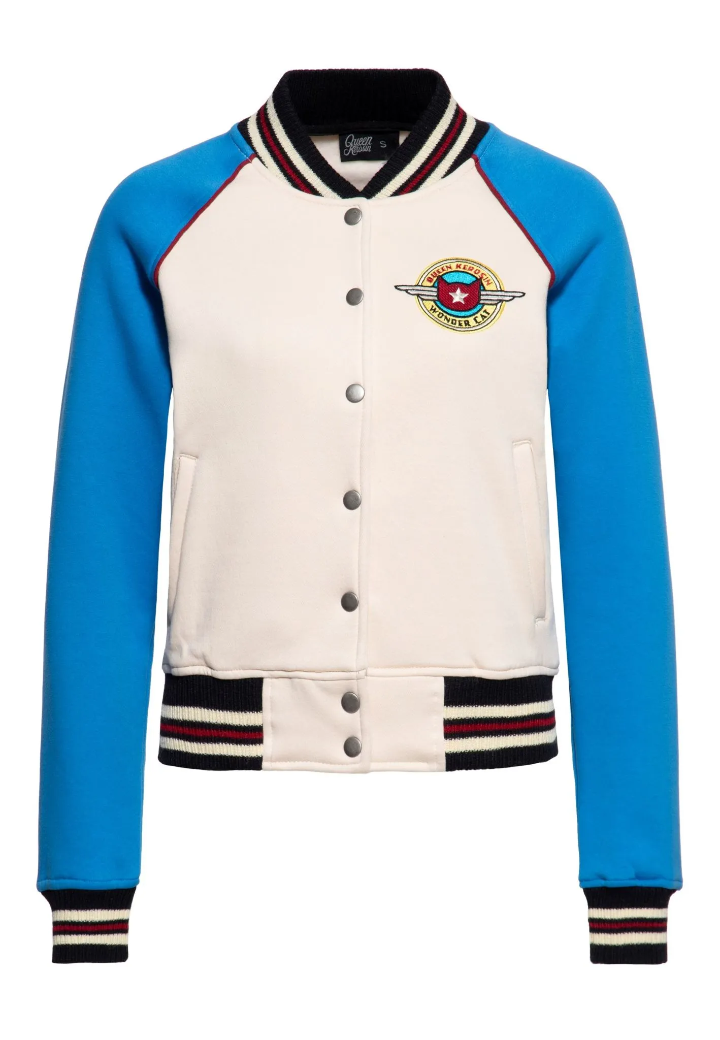 Chaqueta universitaria Queen Kerosin Collegejacke «Wonder Cat» blanco/azul - Imagen 4